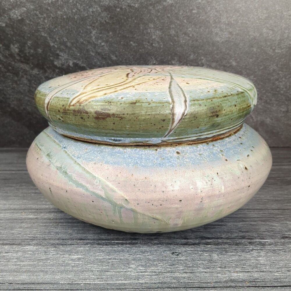 Vintage Artist Signed Pottery Large Stoneware Bowl w Lid Abstract Pastel Glaze